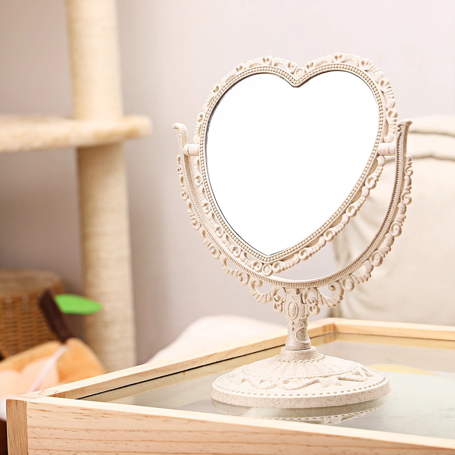 1Pc Heart Shaped Vanity Mirror Tabletop Double Sided Mirror Rotatable Vanity Mirror Desk Mirror